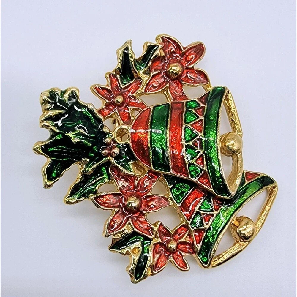 Christmas Poinsettia Brooch Pin Bells Enamel Gold Tone Red Green Holiday